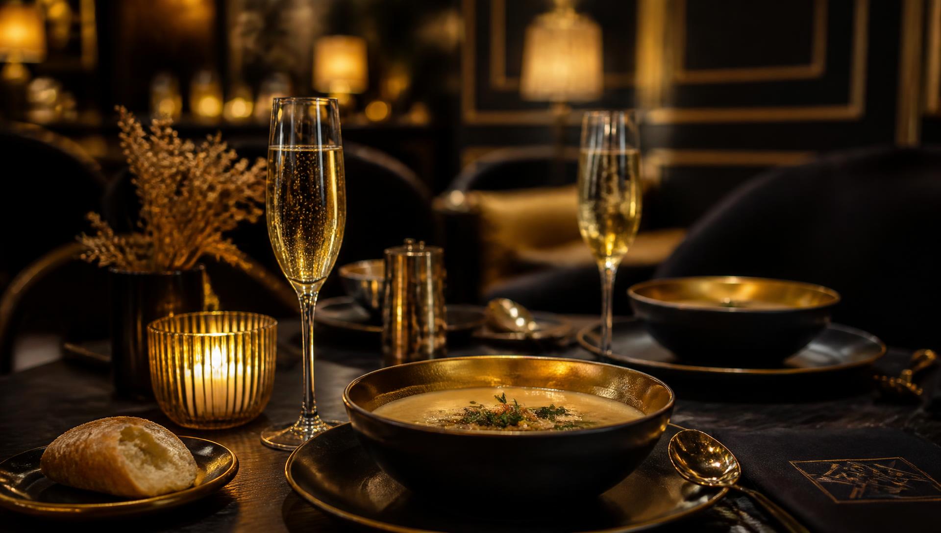 Elegant dining table with soup and candlelight