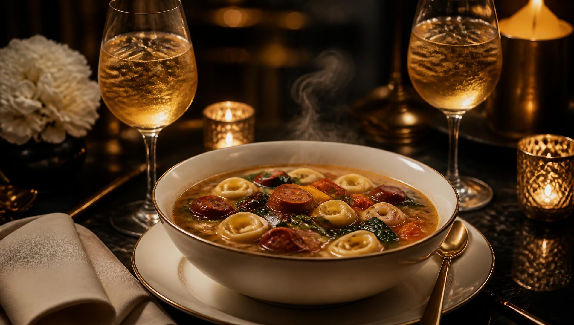 Elegant dining table with soup and candlelight